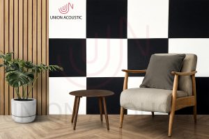 space with chair and table and acoustic panels